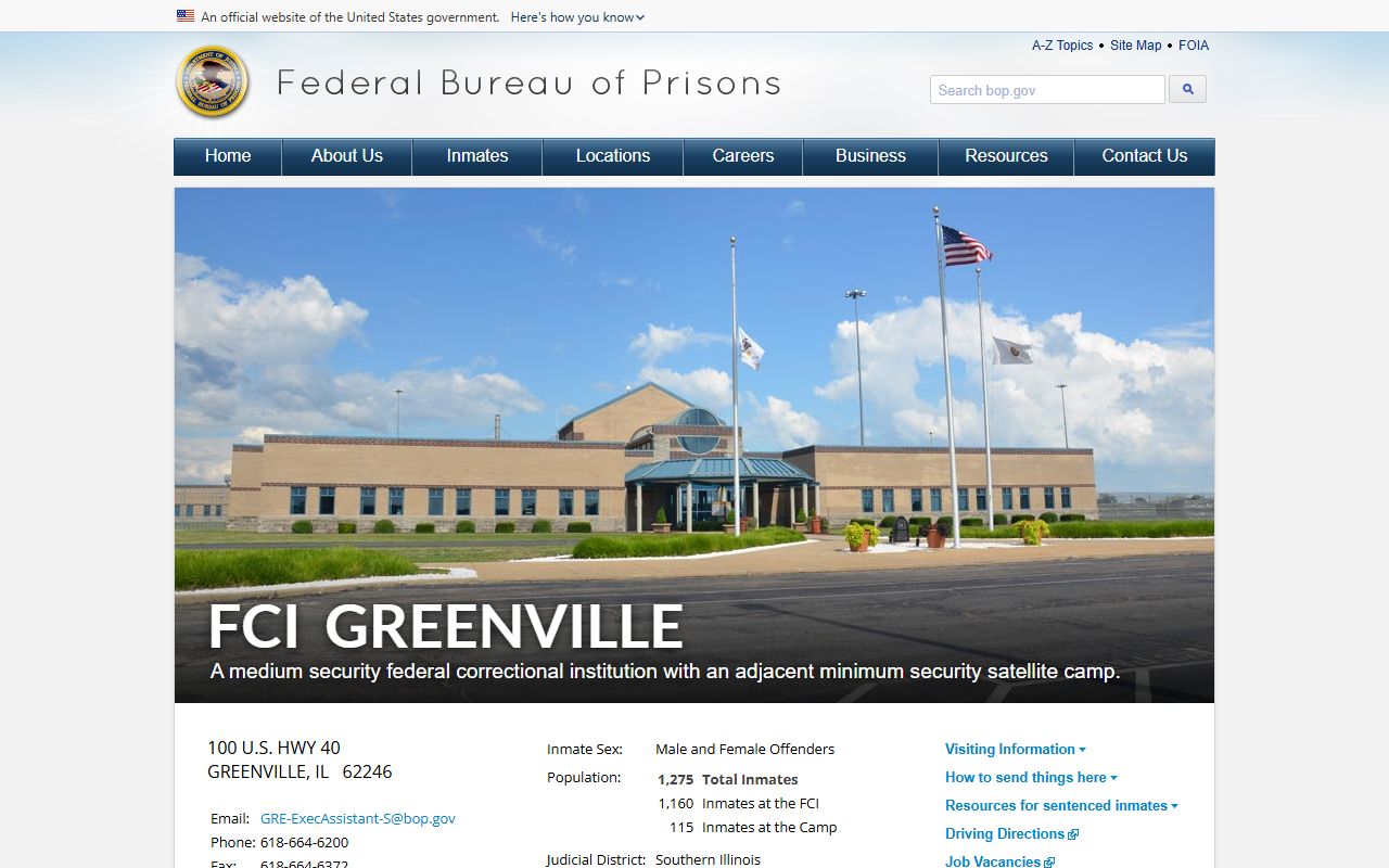 Federal Correctional Institution Greenville BOP facility page for inmate lookup
